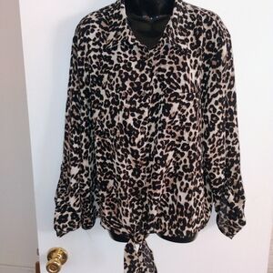 Notations Leopard Print Tie-Front Button Down Shirt - Black & Cream